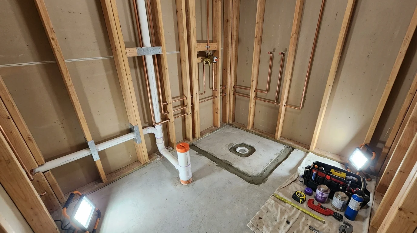 Bathroom rough-in plumbing during remodel by Johns Plumbing LLC in Pearl City