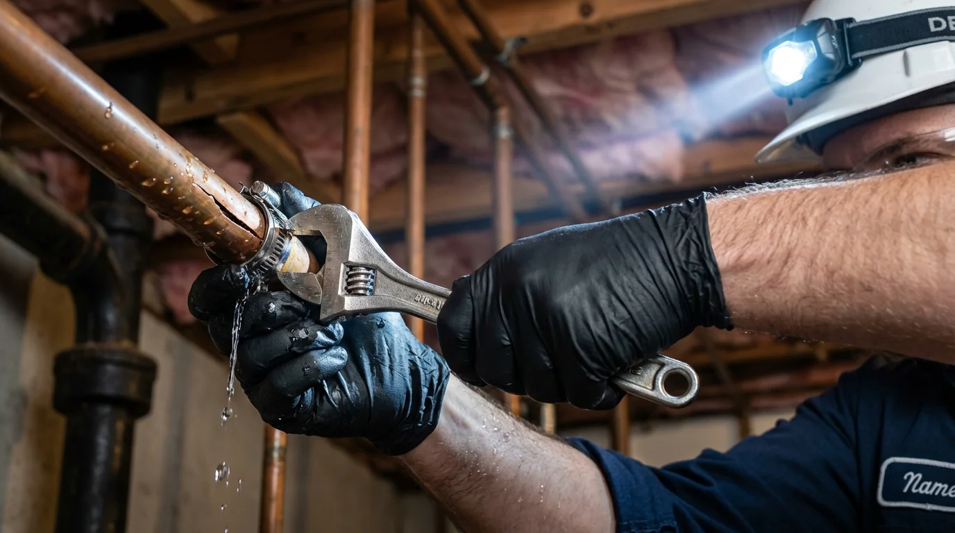 Emergency pipe clamp repair being performed by a Johns Plumbing LLC plumber in Pearl City