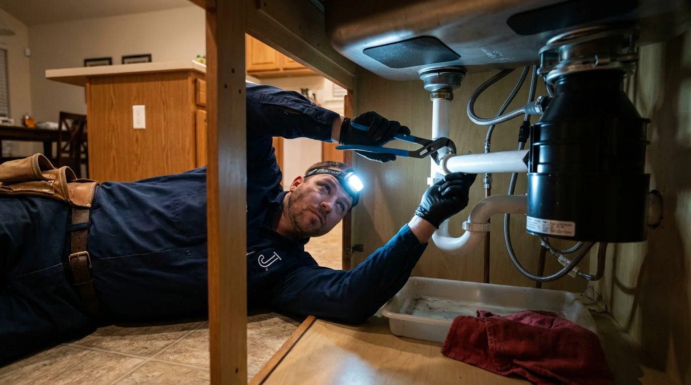 P-trap and supply line connections under a kitchen sink showing a common leak point in Pearl City, HI